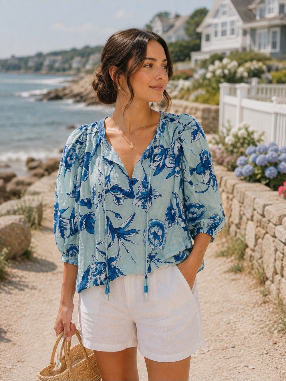 Cynthia Rowley Light Blue Floral V-Neck Peasant Blouse, linen blend